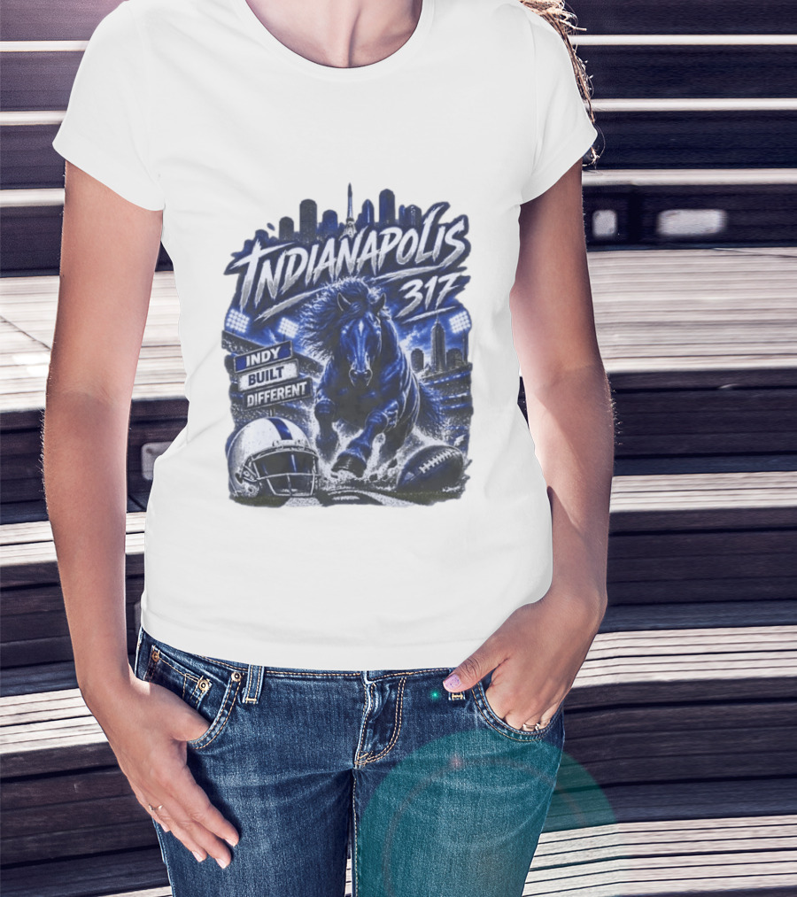Indianapolis Colts 317 Indy Built Different Football Horse Helmet Skyline T-Shirt