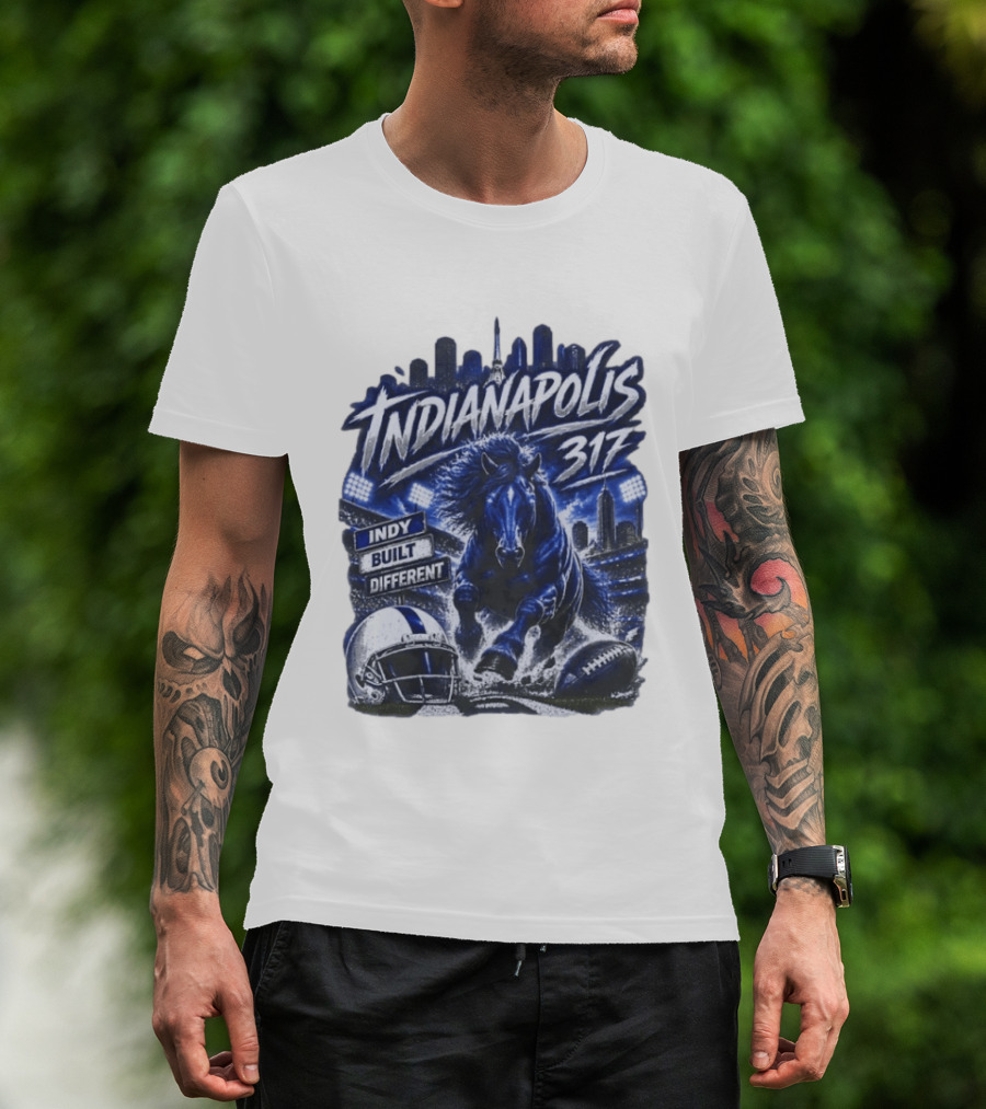Indianapolis Colts 317 Indy Built Different Football Horse Helmet Skyline T-Shirt