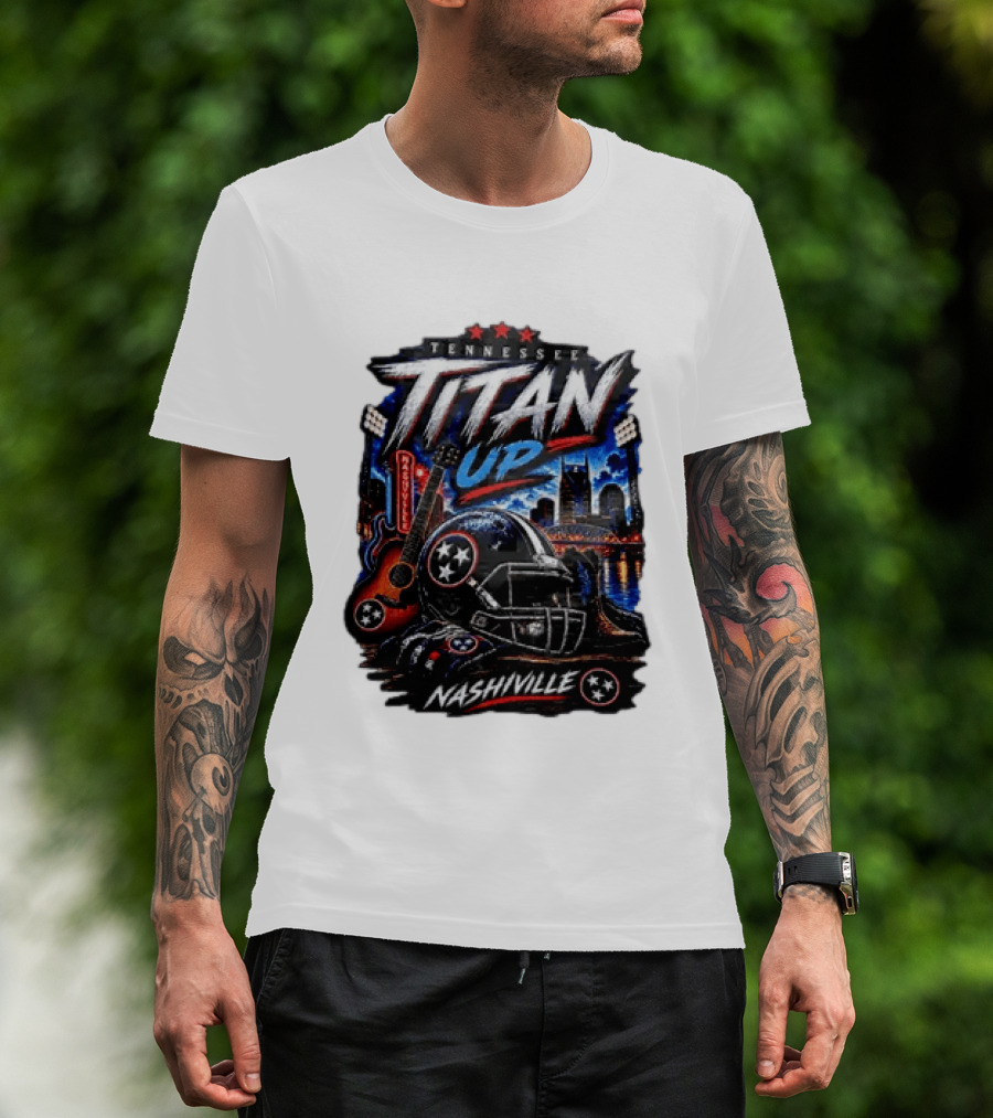 Tennessee Titan Up Football Helmet Guitar Nashville Skyline Titans T-Shirt