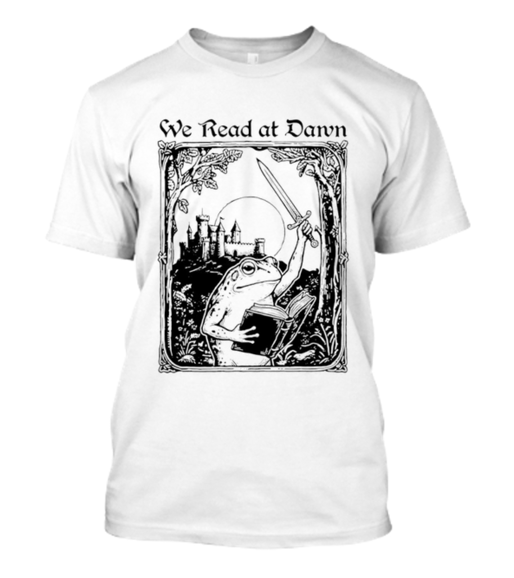 We Read At Dawn Frog Holding Sword And Book In Enchanted Forest T-Shirt