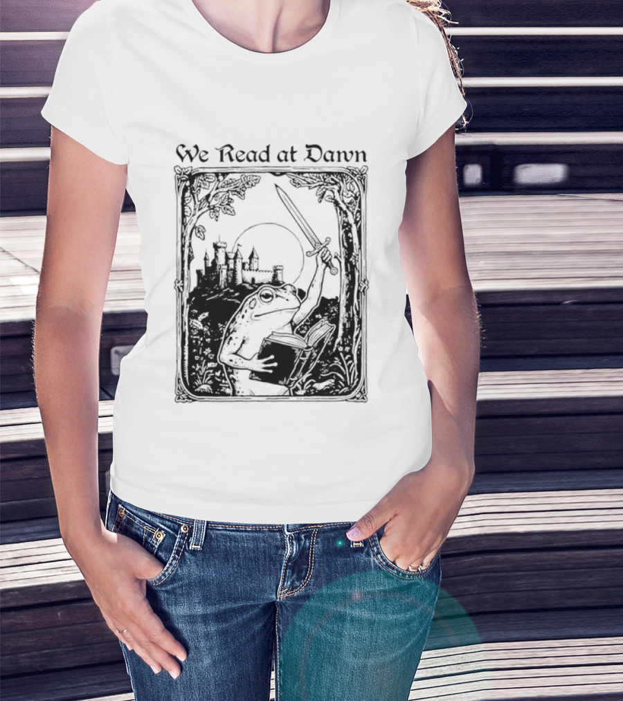 We Read At Dawn Frog Holding Sword And Book In Enchanted Forest T-Shirt