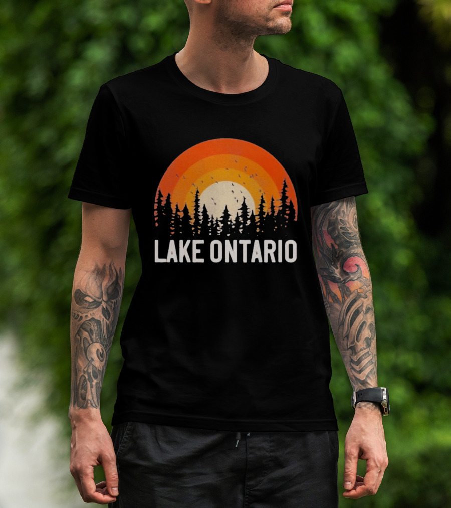 Lake Ontario Sunset Forest Birds Nature Scene With Orange Yellow Gradient T-Shirt