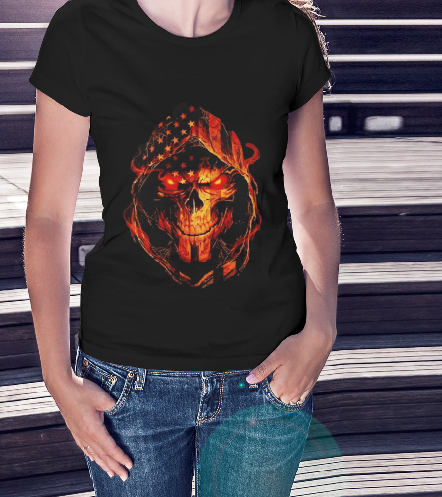 American Flag Skull Grim Reaper With Glowing Red Eyes T-Shirt