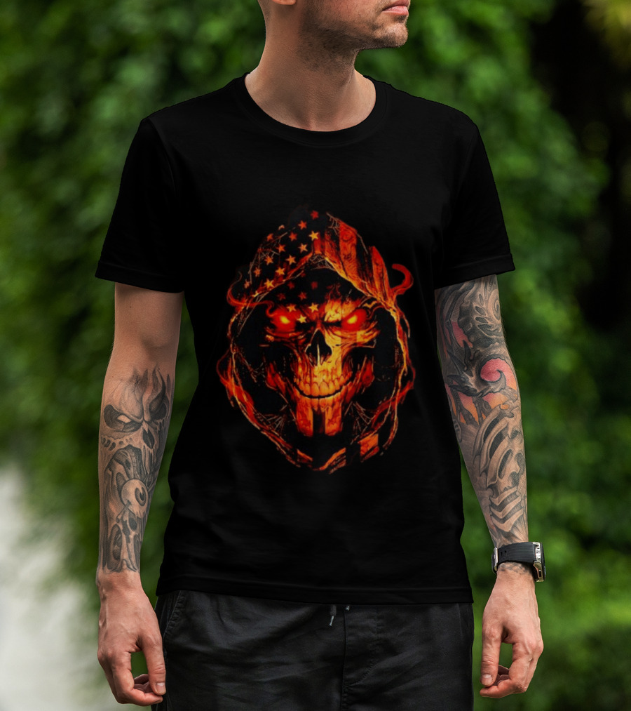 American Flag Skull Grim Reaper With Glowing Red Eyes T-Shirt