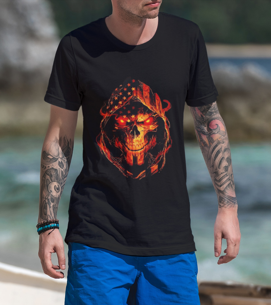 American Flag Skull Grim Reaper With Glowing Red Eyes T-Shirt