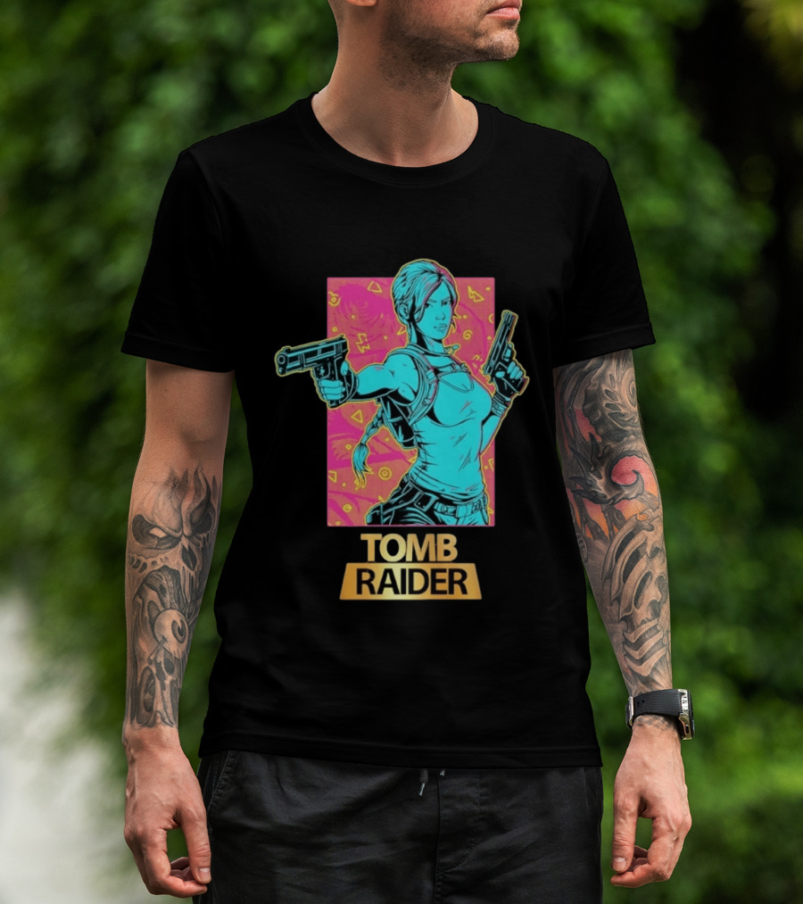 Tomb Raider Lara Croft Neon Halftone Dual Pistols T-Shirt