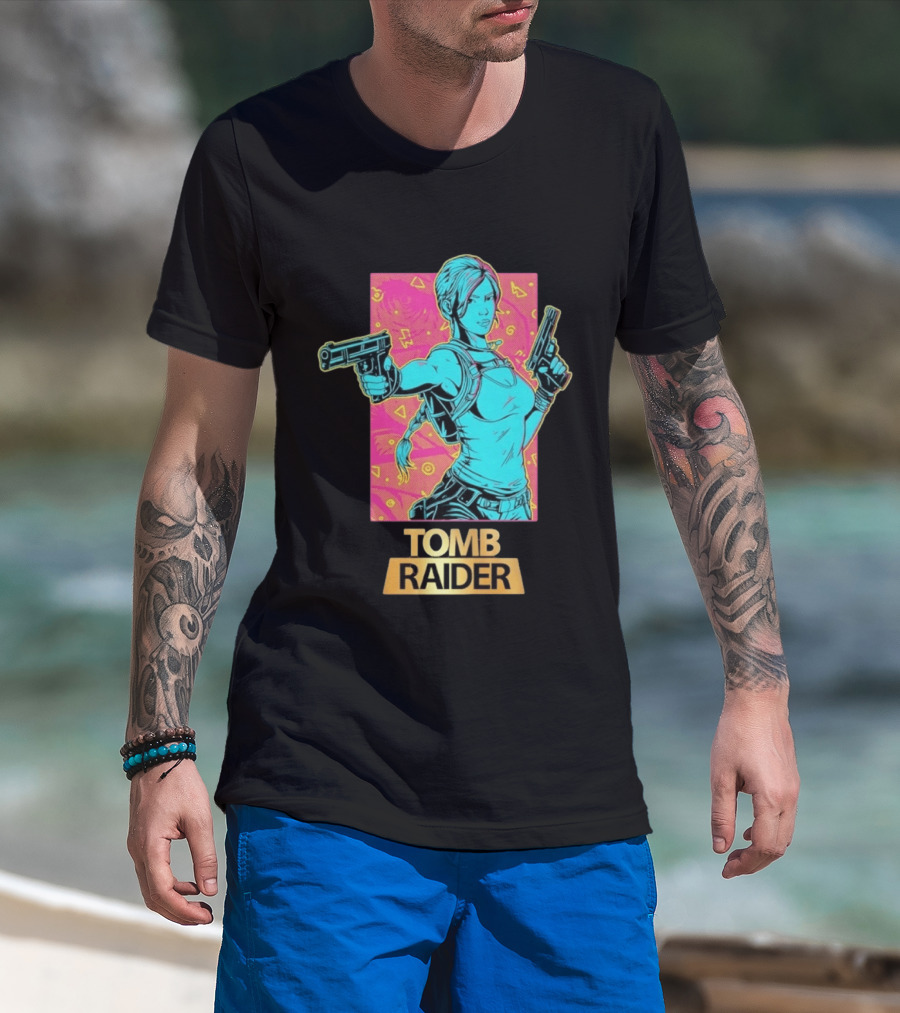 Tomb Raider Lara Croft Neon Halftone Dual Pistols T-Shirt
