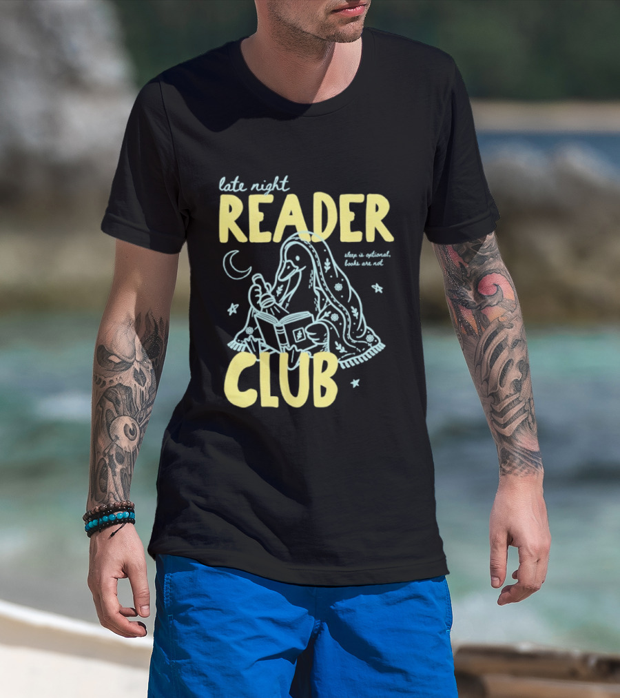 Late Night Reader Club Penguin Reading Moon Stars Sleep Is Optional Books Are Not T-Shirt