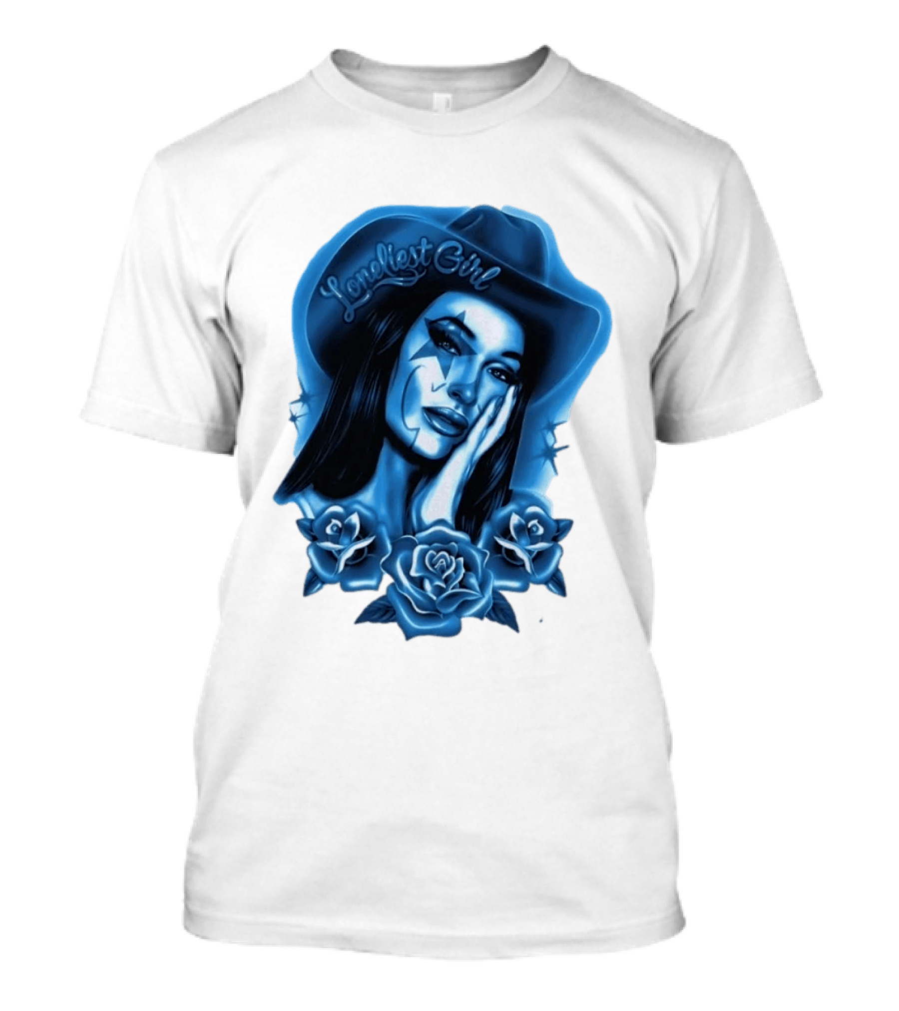Loneliest Girl Airbrush Cowgirl In Blue With Roses T-Shirt