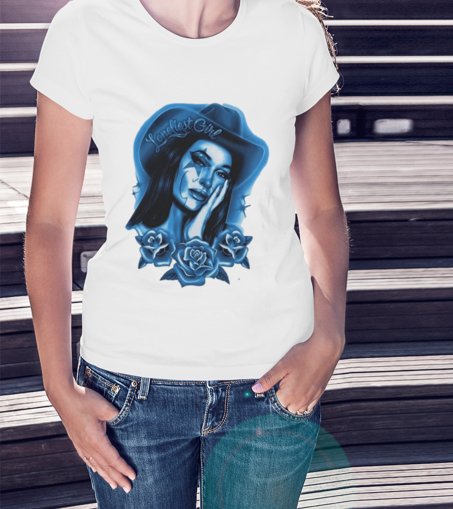 Loneliest Girl Airbrush Cowgirl In Blue With Roses T-Shirt