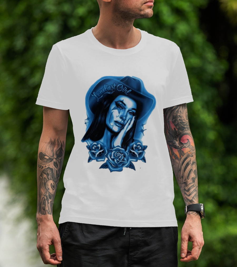 Loneliest Girl Airbrush Cowgirl In Blue With Roses T-Shirt