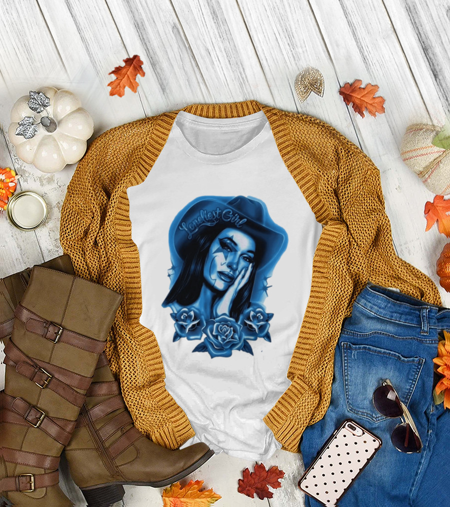 Loneliest Girl Airbrush Cowgirl In Blue With Roses T-Shirt
