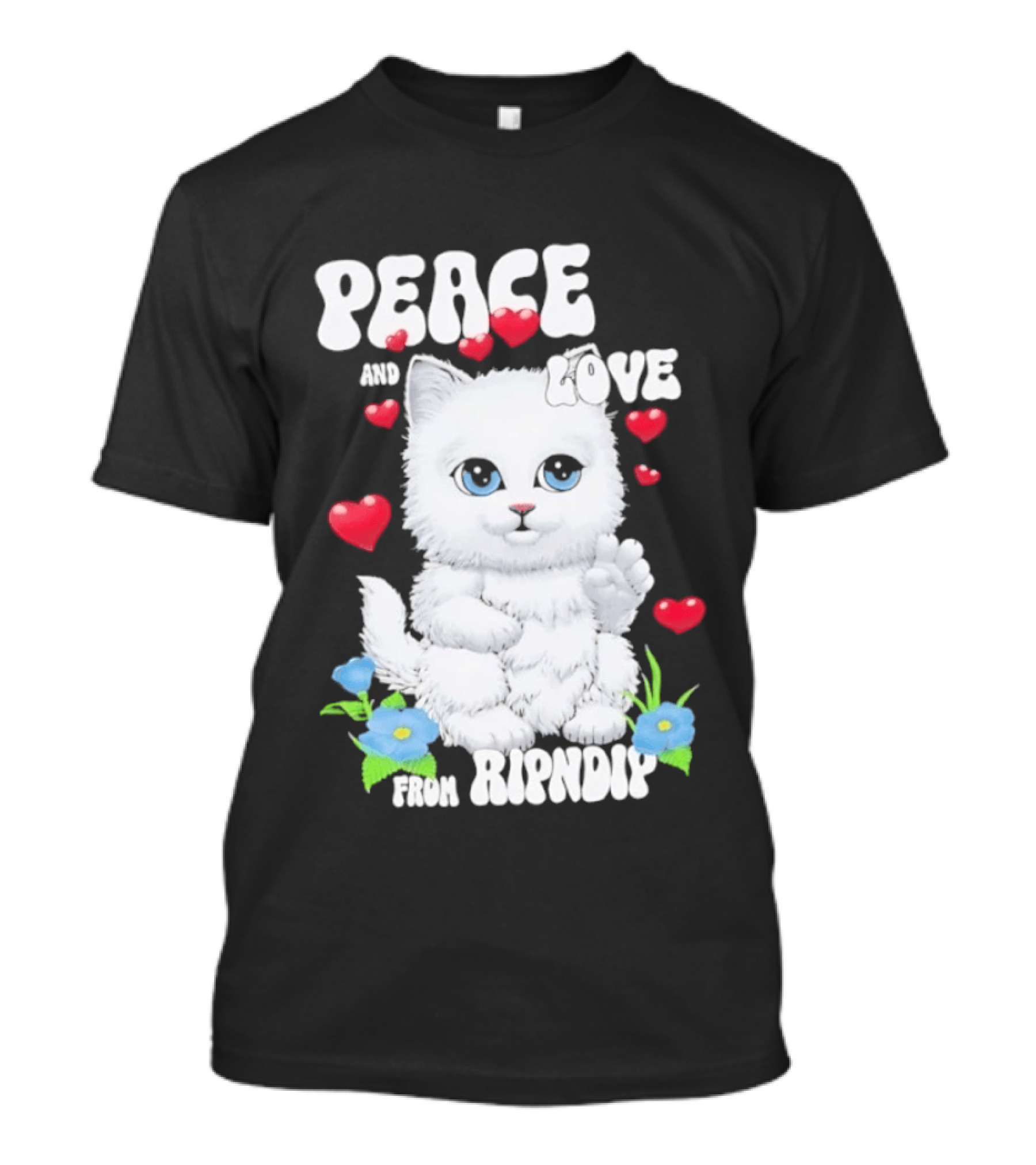 Peace And Love Ripndip Cat Kitten Hearts And Flowers T-Shirt