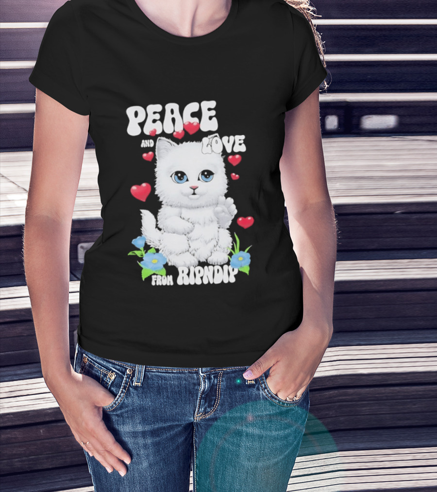 Peace And Love Ripndip Cat Kitten Hearts And Flowers T-Shirt