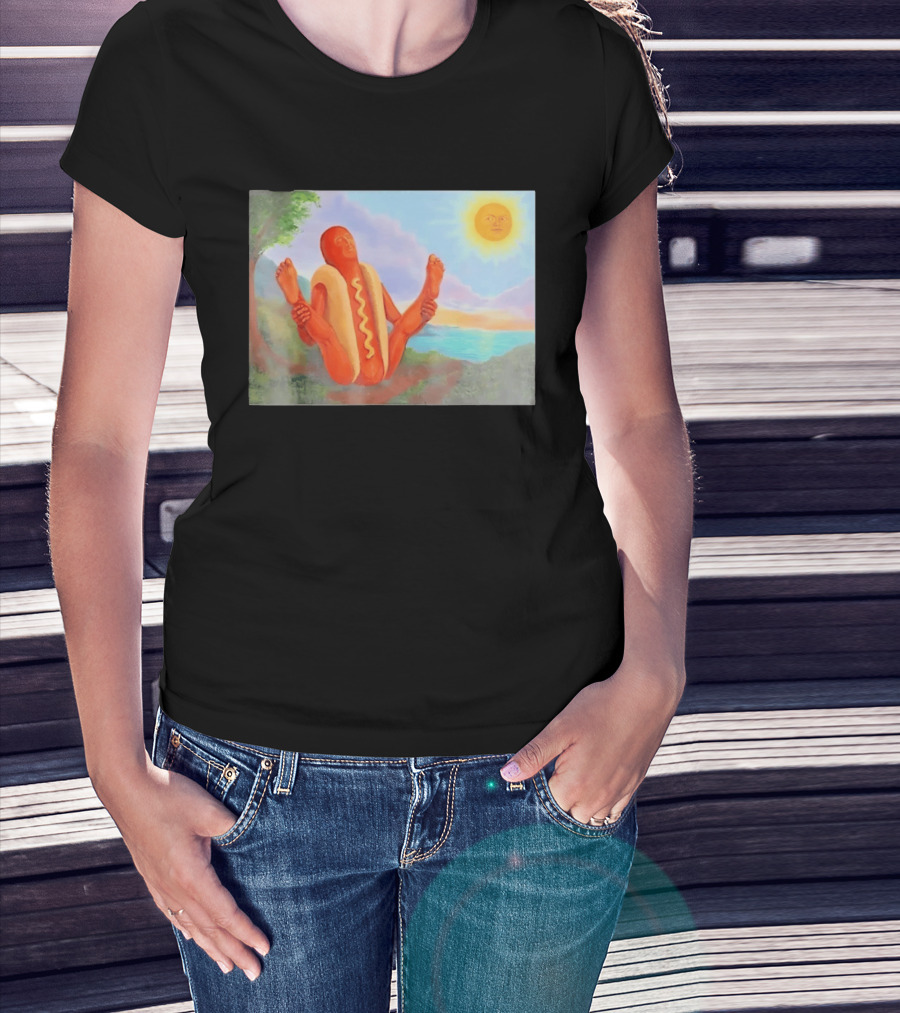 Surreal Hot Dog Doing Yoga At Sunrise With Smiling Sun T-Shirt