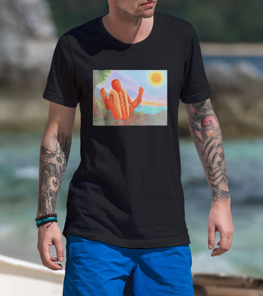 Surreal Hot Dog Doing Yoga At Sunrise With Smiling Sun T-Shirt