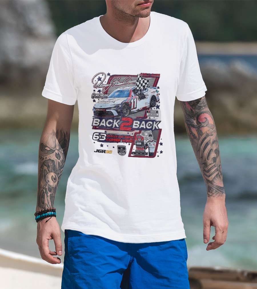 Denny Hamlin 60 NASCAR Cup Series Career Wins Back 2 Back Joe Gibbs Racing Michigan International Speedway NASCAR Cup Series Firekeepers Casino 400 T-Shirt