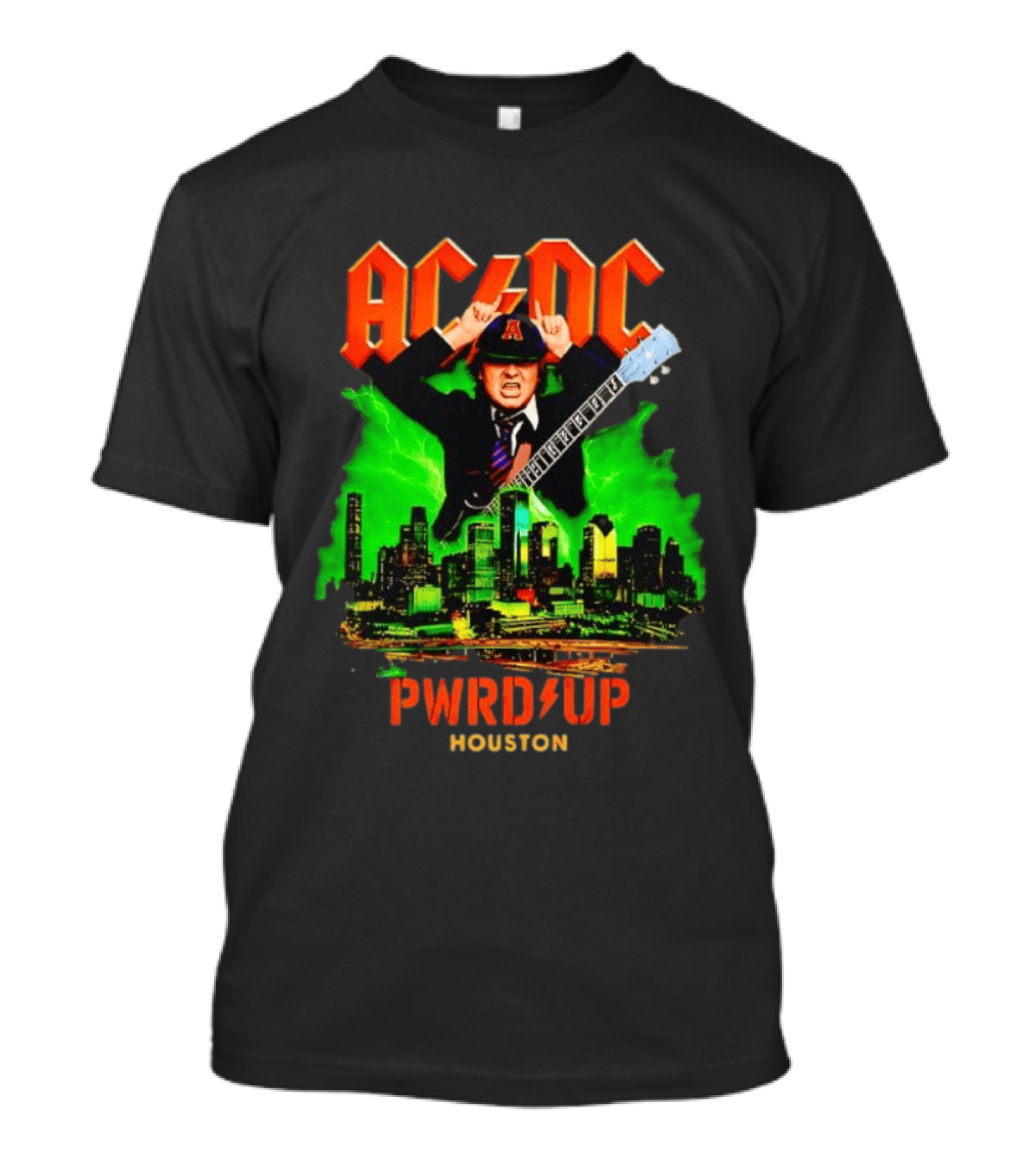 AC DC Angus Young Pwr Up Houston Hard Rock Skyline Electric Guitar T-Shirt
