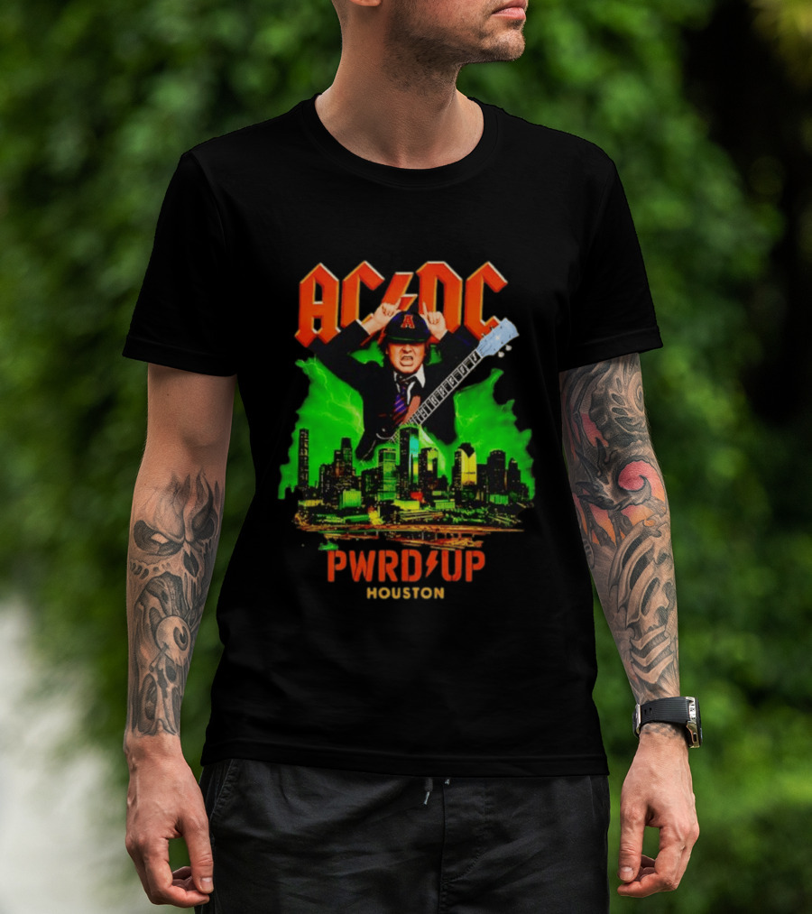 AC DC Angus Young Pwr Up Houston Hard Rock Skyline Electric Guitar T-Shirt