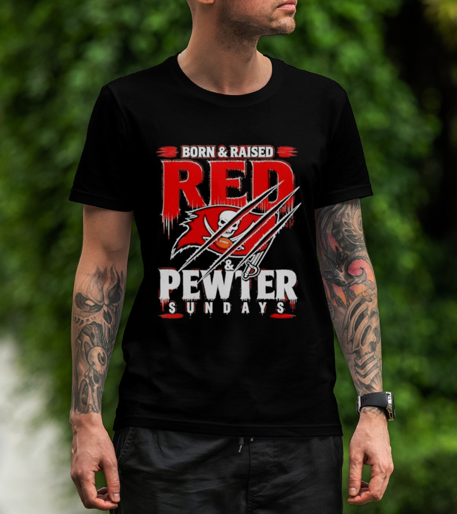 Born & Raised Red & Pewter Sundays Tampa Bay Buccaneers Fan Gear T-Shirt