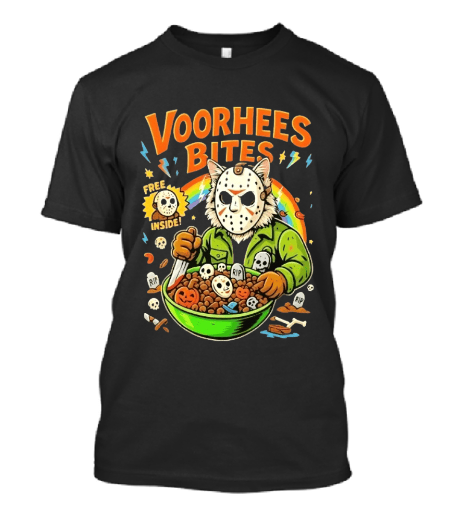 Voorhees Bites Jason Voorhees Cat Cereal Horror Mask Rainbow Feline Bowl Skeletons T-Shirt