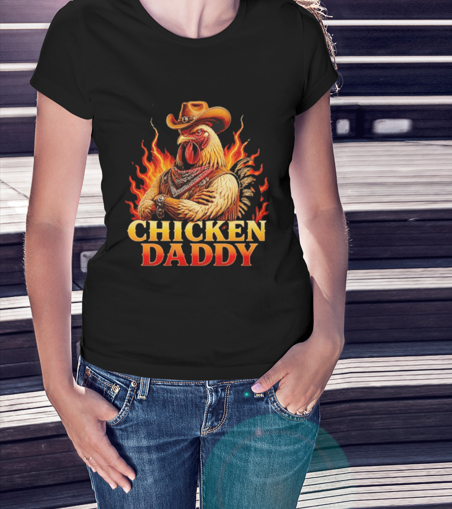 Chicken Daddy Cowboy Rooster With Flames And Bandana T-Shirt