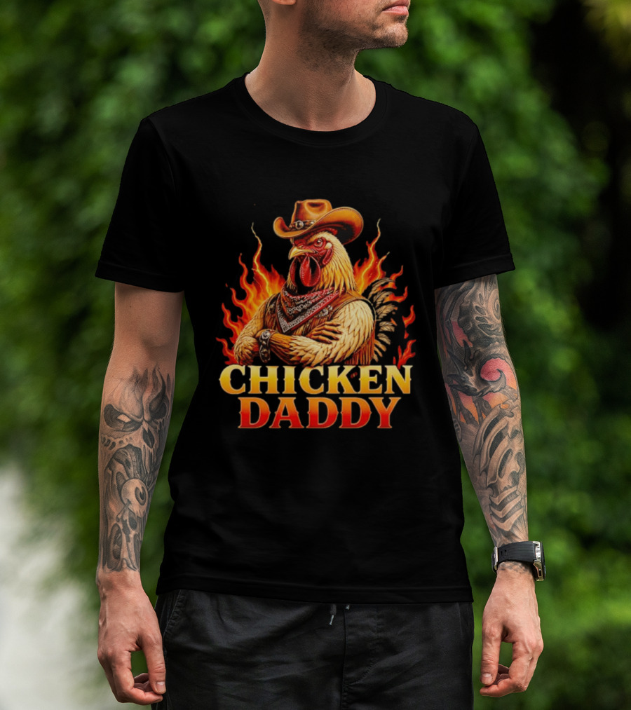 Chicken Daddy Cowboy Rooster With Flames And Bandana T-Shirt