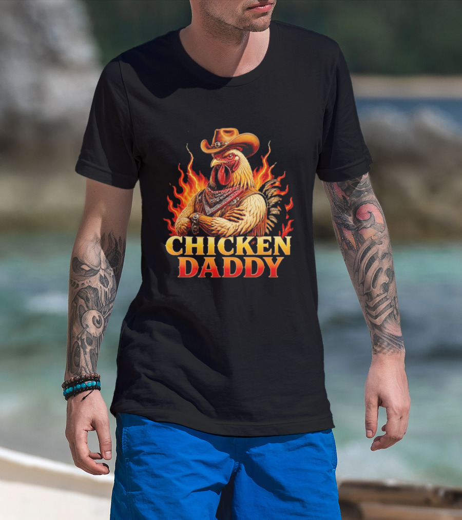 Chicken Daddy Cowboy Rooster With Flames And Bandana T-Shirt