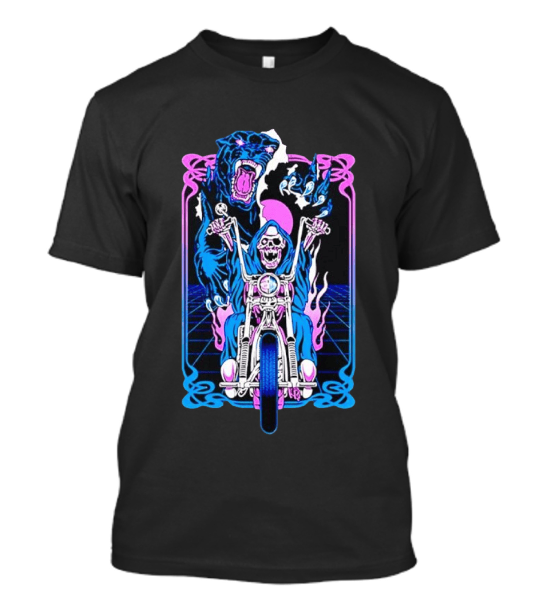 Grim Reaper Motorcycle Panther Retro Neon T-Shirt
