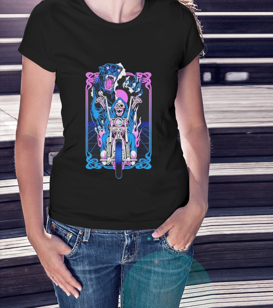 Grim Reaper Motorcycle Panther Retro Neon T-Shirt