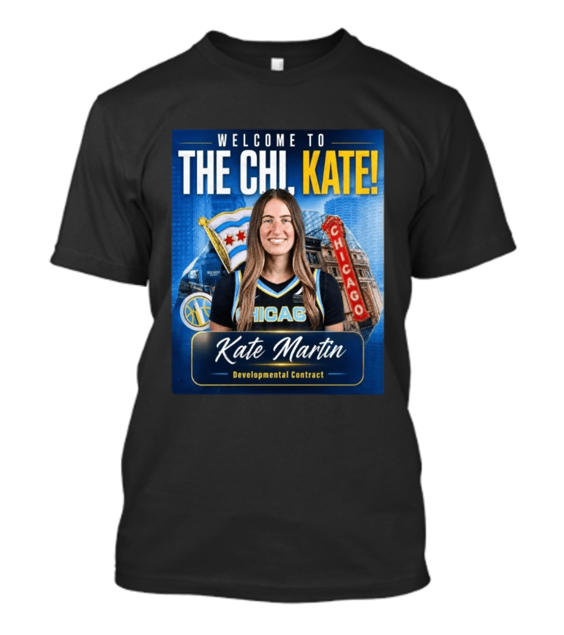 Welcome To Chicago Kate Martin Developmental Contract For The Sky With Chicago Flag And Landmark T-Shirt