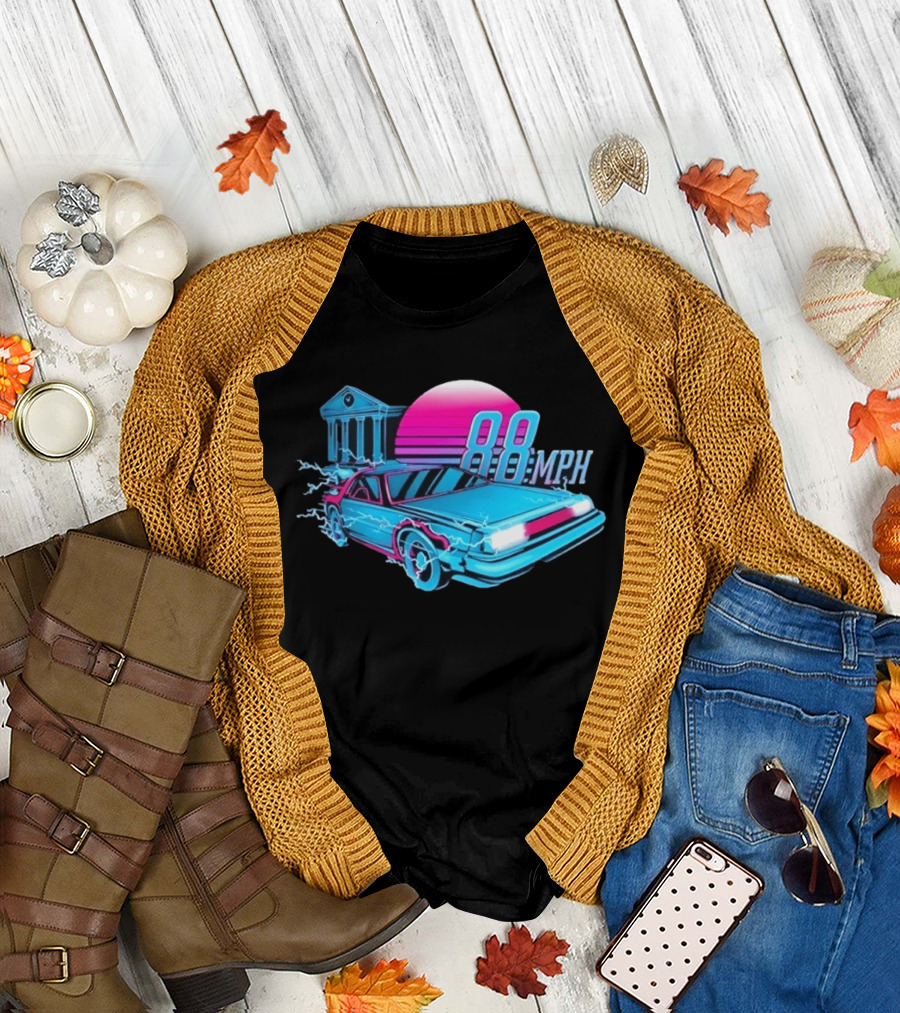 Back To The Future DeLorean 88 MPH Neon Style With Sunset And Tower T-Shirt