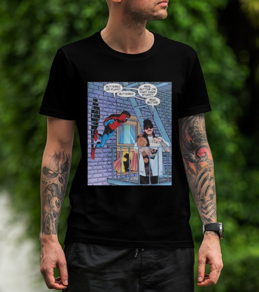 Spider Man Bret Hart Real Buttered Popcorn Balcony Scene T-Shirt