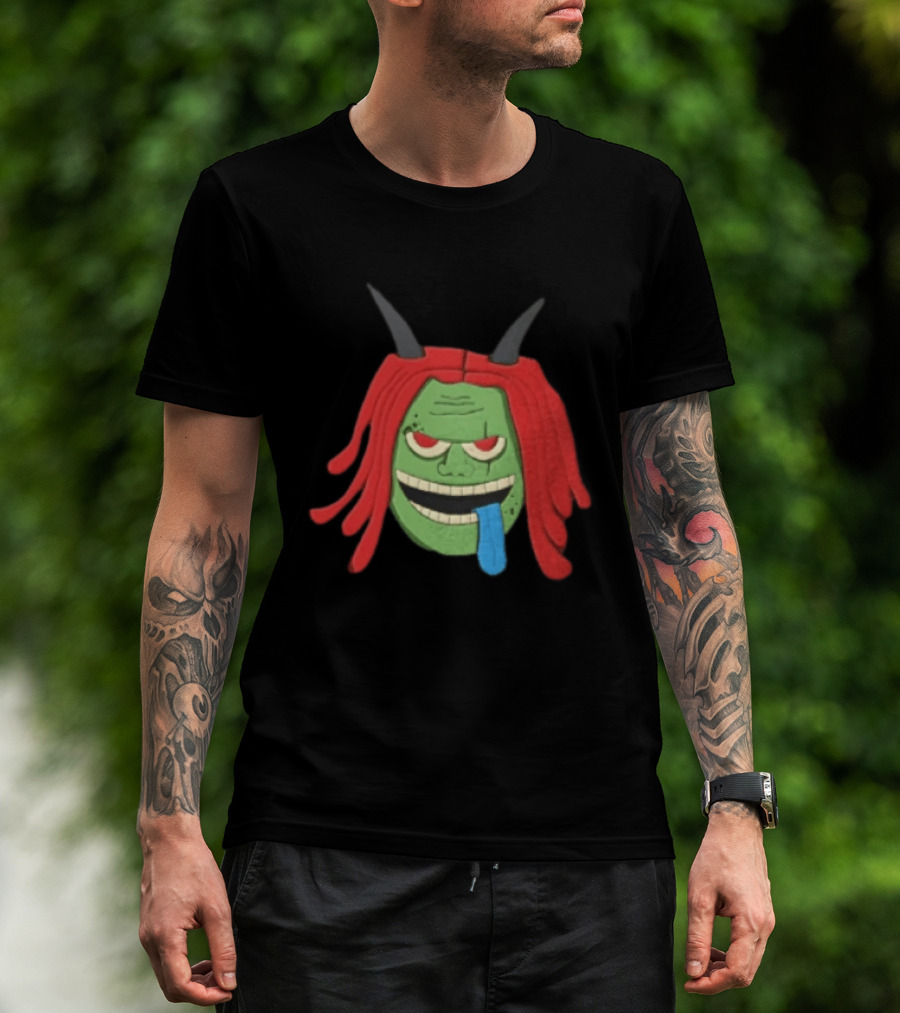Trippie Redd Cartoon Green Devil Horns Red Hair Blue Tongue T-Shirt