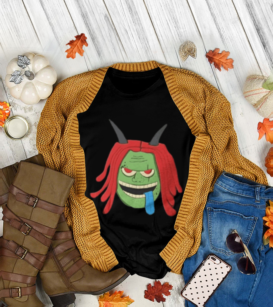 Trippie Redd Cartoon Green Devil Horns Red Hair Blue Tongue T-Shirt