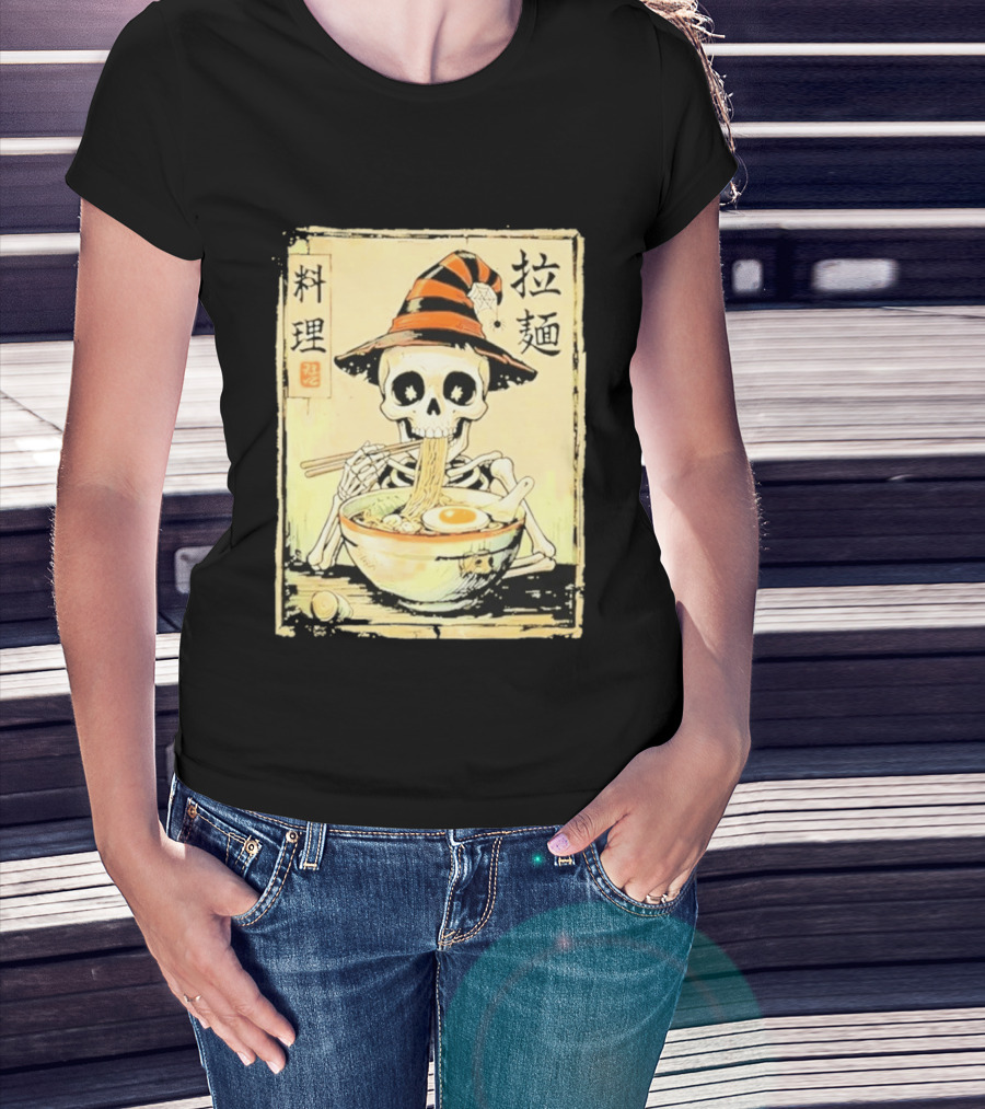 Witch Skeleton Eating Ramen With Japanese Kanji Characters T-Shirt