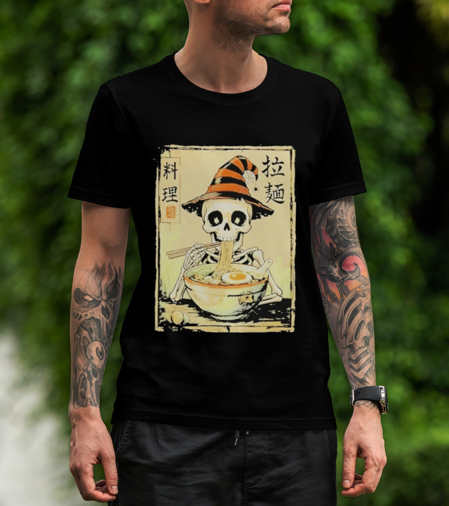 Witch Skeleton Eating Ramen With Japanese Kanji Characters T-Shirt