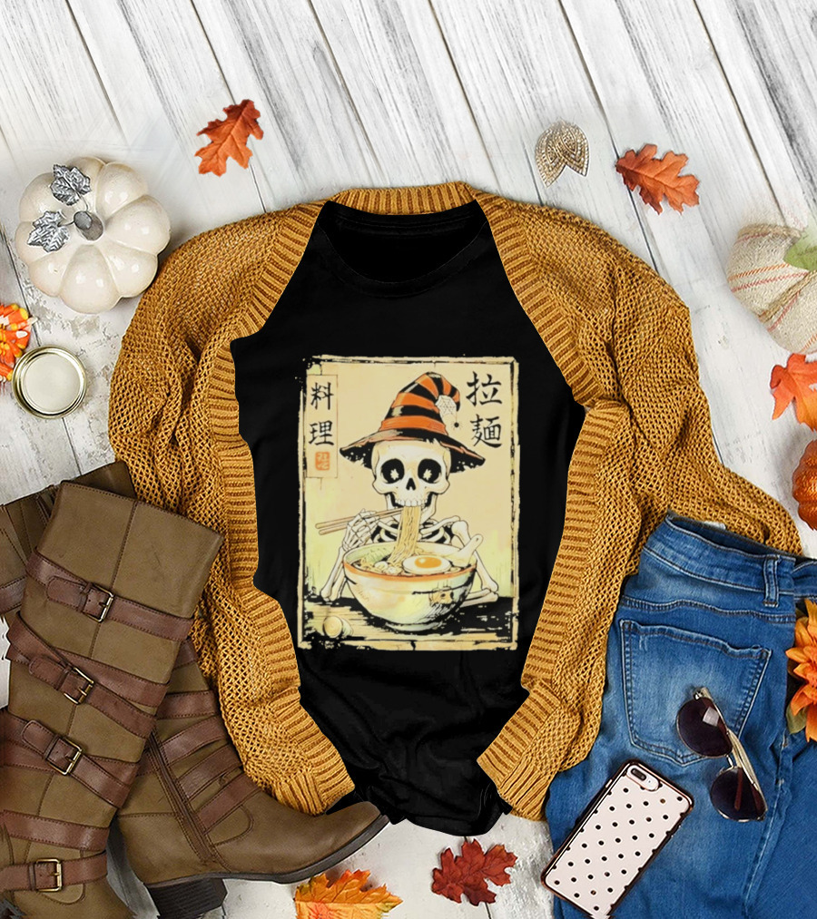 Witch Skeleton Eating Ramen With Japanese Kanji Characters T-Shirt