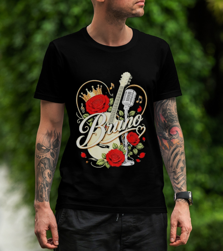 Bruno Rose Crown Guitar And Microphone With Music Notes T-Shirt