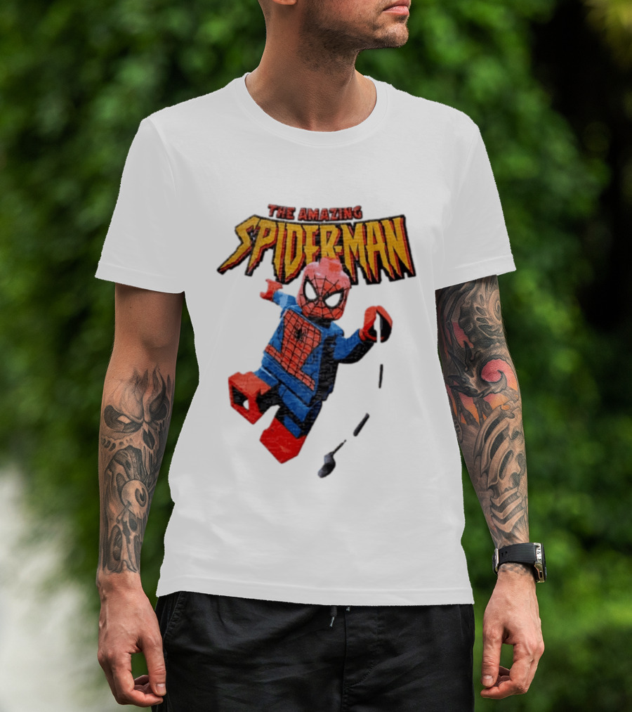 Spider Man The Amazing Lego Minifigure Swinging On Web Iconic Marvel Hero T-Shirt