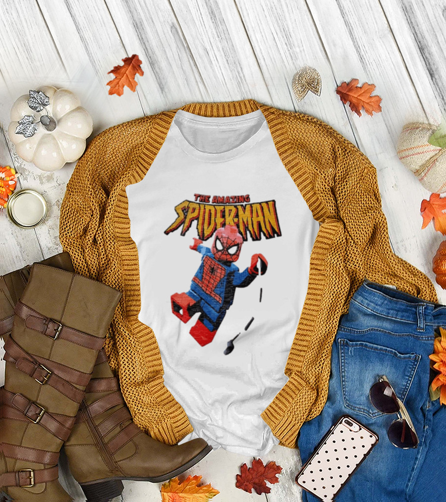 Spider Man The Amazing Lego Minifigure Swinging On Web Iconic Marvel Hero T-Shirt