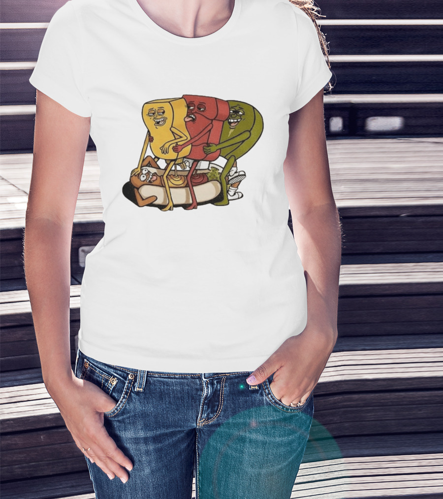 Hot Dog Topped With Mustard Ketchup And Relish Cartoon Characters T-Shirt