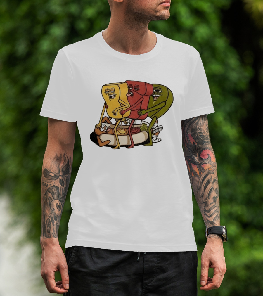 Hot Dog Topped With Mustard Ketchup And Relish Cartoon Characters T-Shirt