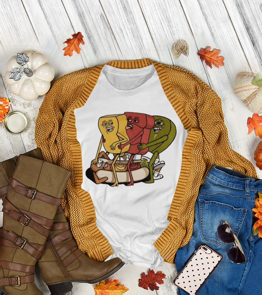 Hot Dog Topped With Mustard Ketchup And Relish Cartoon Characters T-Shirt