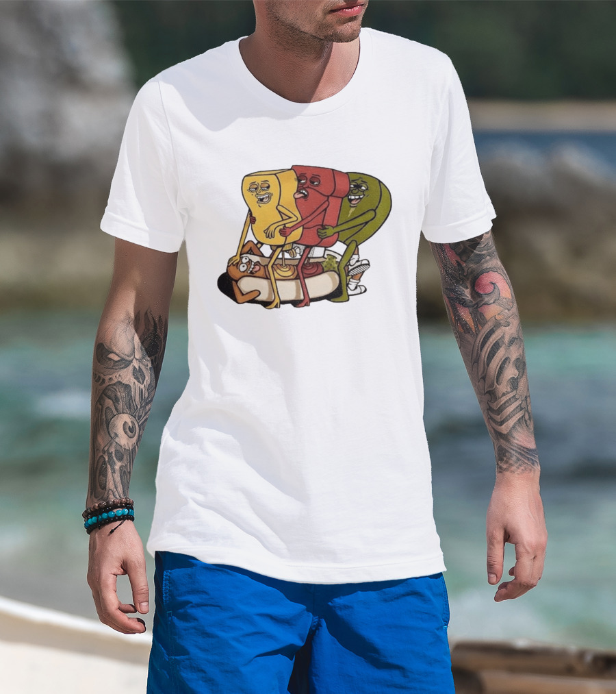 Hot Dog Topped With Mustard Ketchup And Relish Cartoon Characters T-Shirt