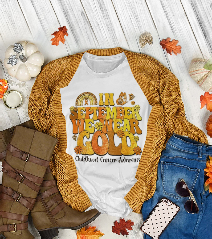 In September We Wear Gold Childhood Cancer Awareness Groovy Rainbow Butterfly Flower Motif T-Shirt