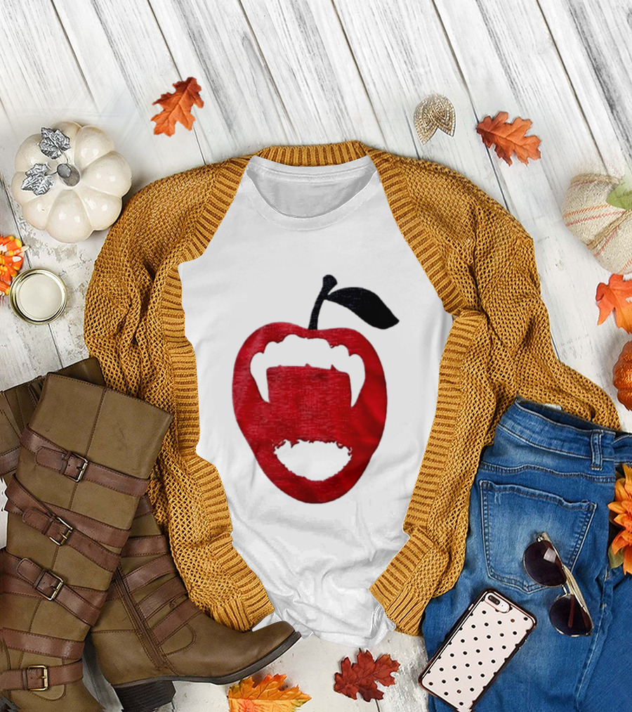 Red Apple Vampire Fangs Halloween Cutout T-Shirt