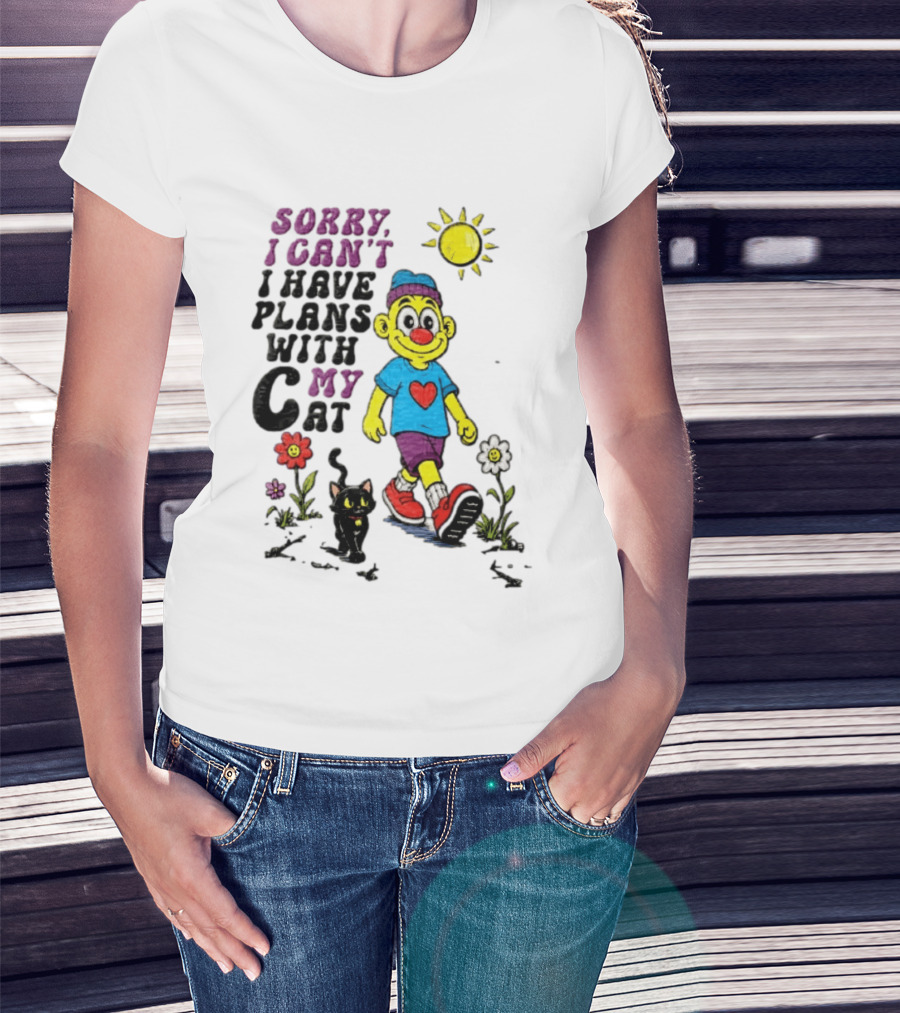 Sorry I Can't I Have Plans With My Cat Cartoon Yellow Figure Walking Sunflowers T-Shirt
