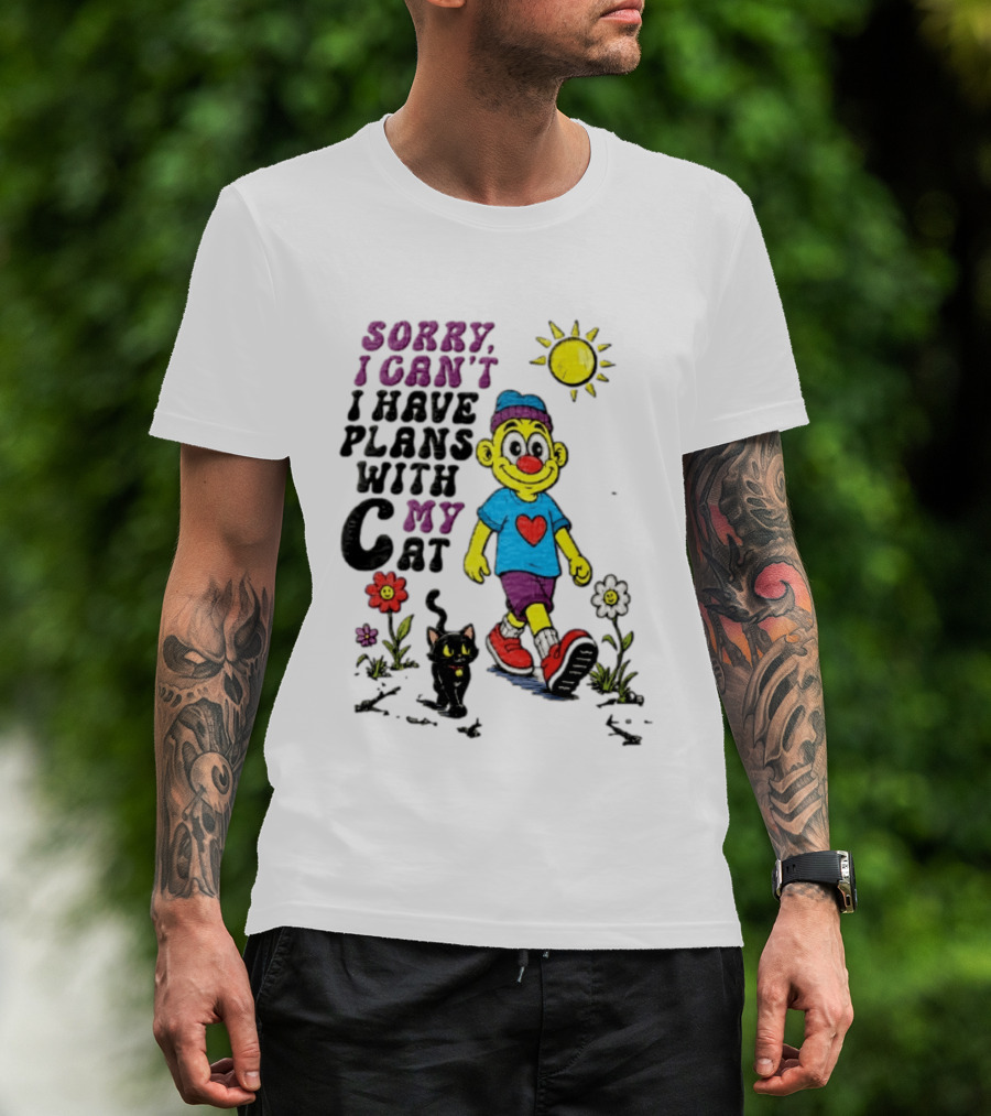 Sorry I Can't I Have Plans With My Cat Cartoon Yellow Figure Walking Sunflowers T-Shirt