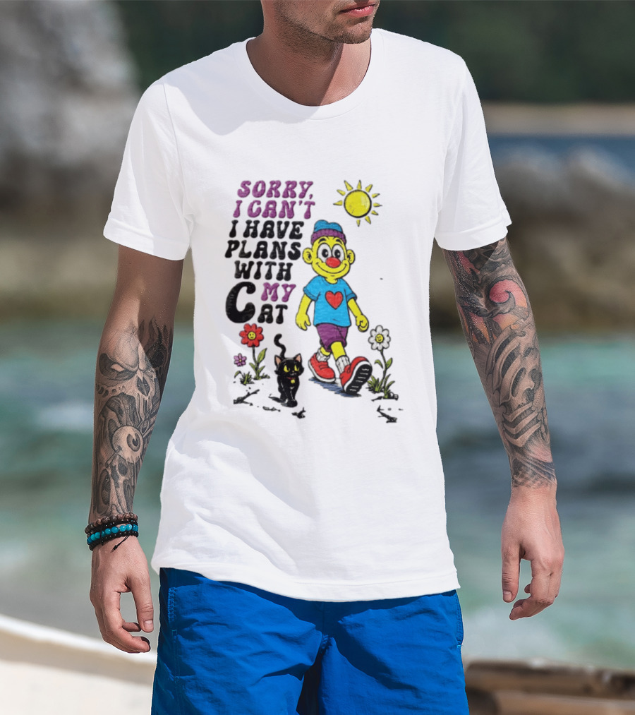 Sorry I Can't I Have Plans With My Cat Cartoon Yellow Figure Walking Sunflowers T-Shirt